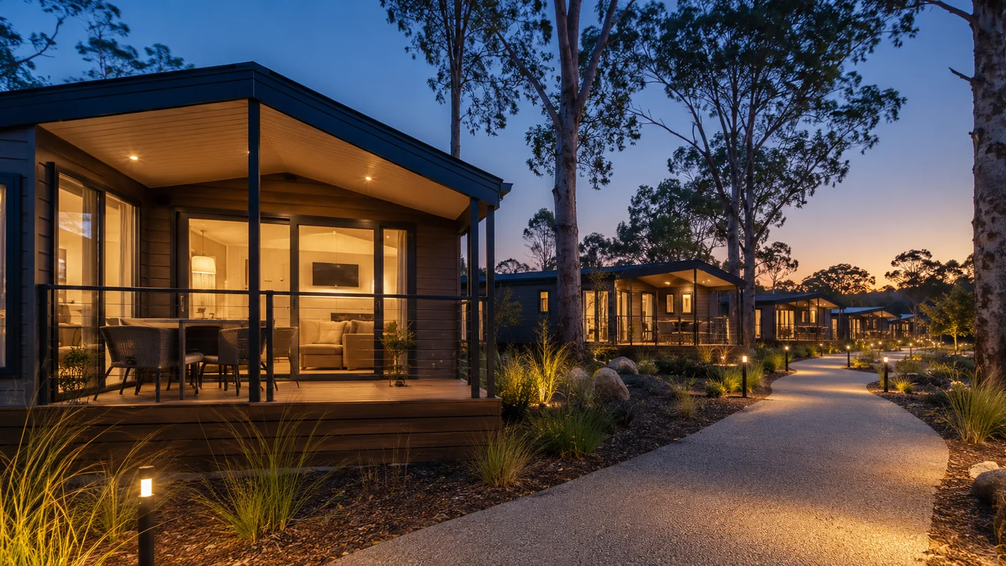 Modern accommodation cabins connected along a landscaped property at dusk