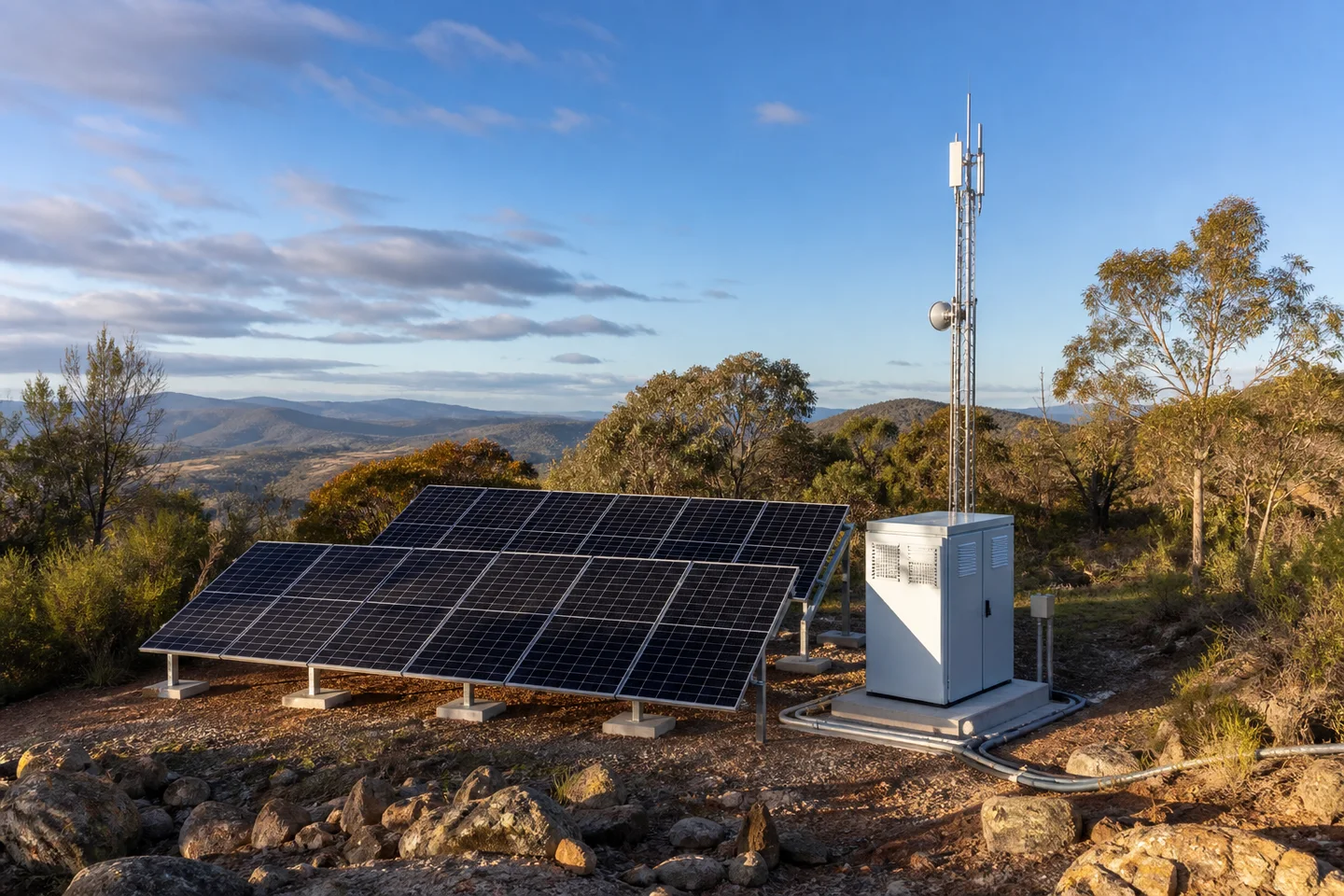 Solar-powered communications site in Australian bushland